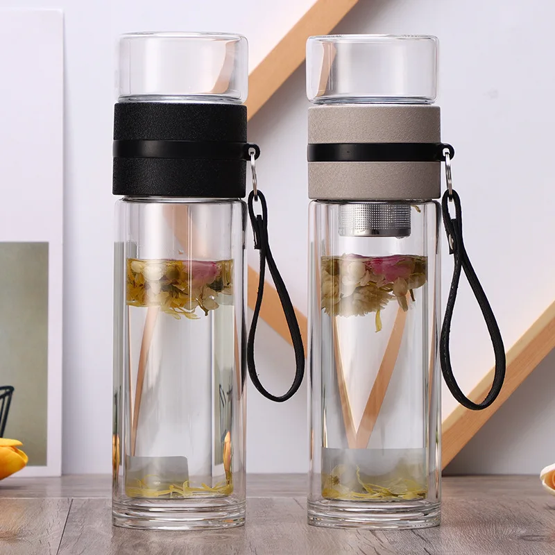 

New Design Separating Tea Bottle Double Wall Drinking Glass Tea Infuser Water Bottle, Brown,black