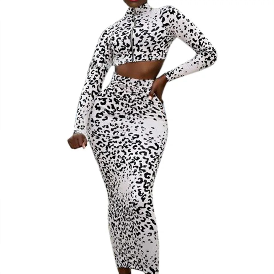 

Women's European sexy leopard print zipper skirt suit 2 piece women clothing set for 2019, As pics