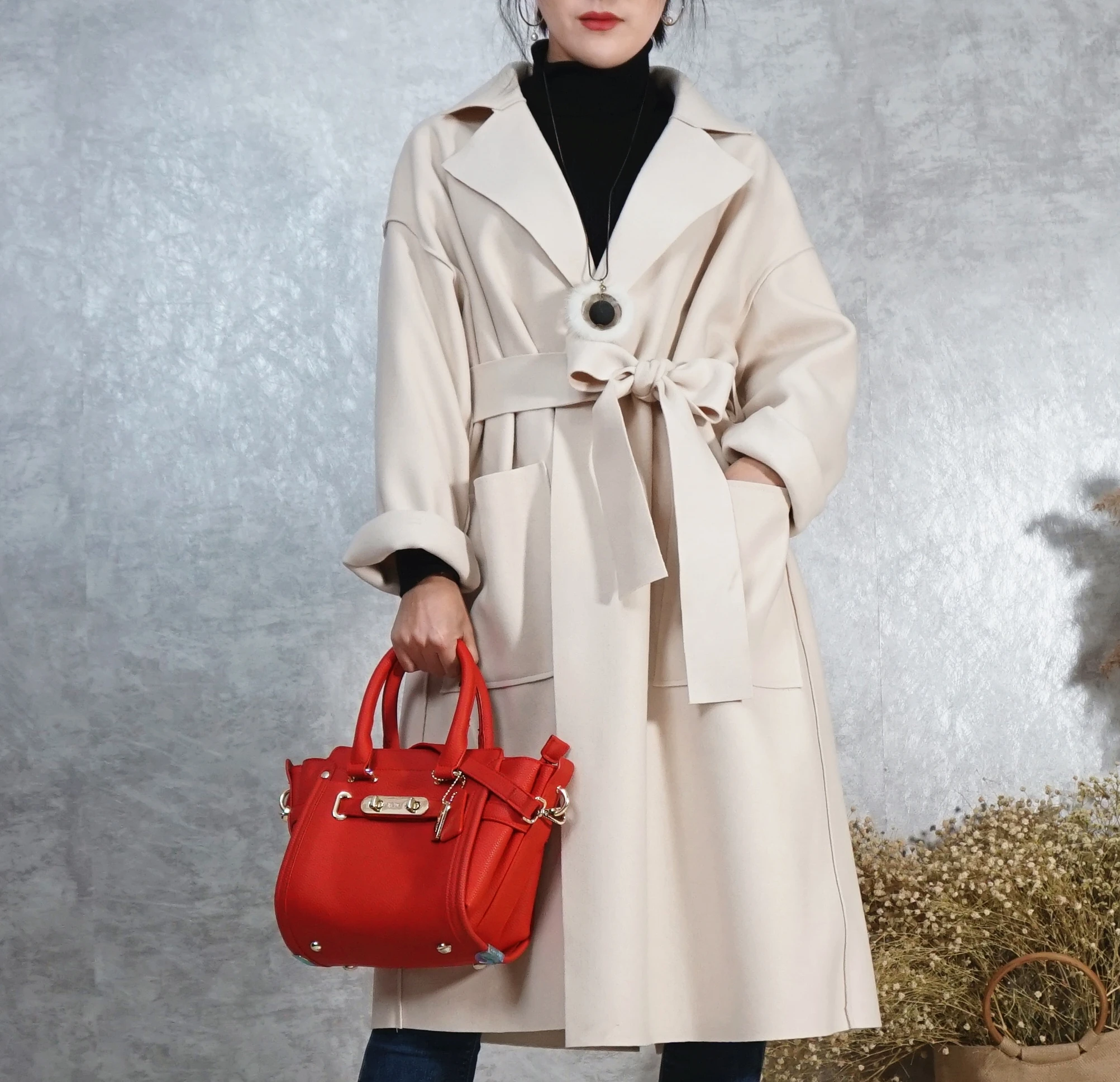 Turkish Style Doublesided Woolen Turndown Collar Women Winter Long