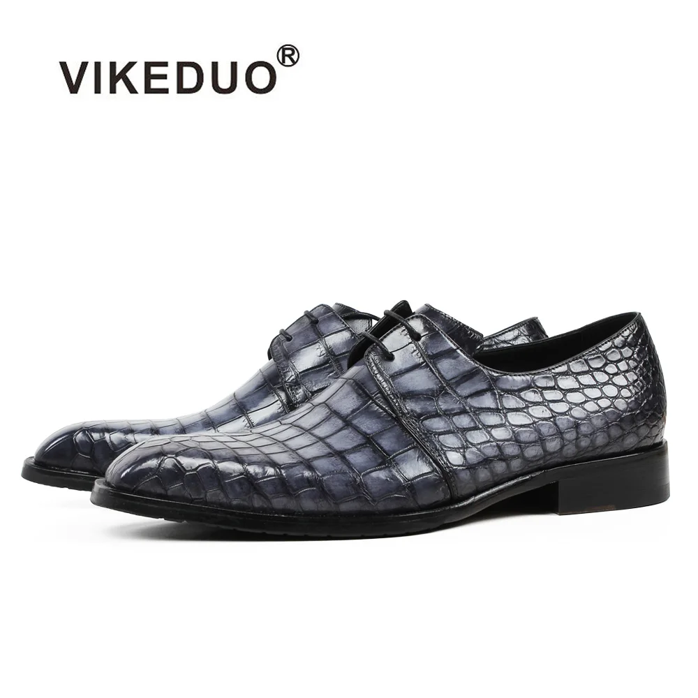 

VIKEDUO Hand Made Alligator Skin Bespoke Derby Shoes Men Grey Crocodile Leather Custom Footwear Dress Shoes Male
