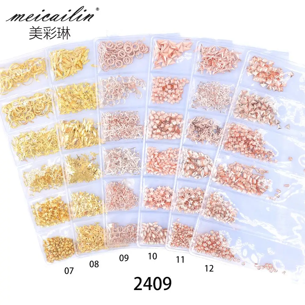 

6 Grid/Pack Mixed Shell Starfish Nail Studs 3D Thin Gold Silver Frame Nail Decoration, Golden.silver.rose gold