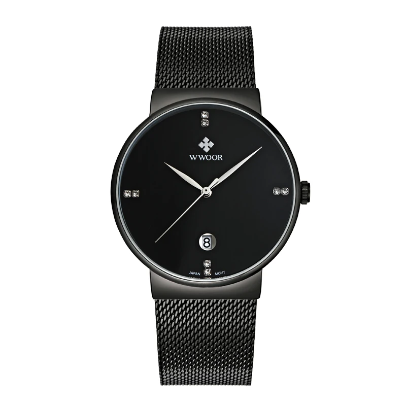 
WWOOR 8018 Hot Sale Mens Quartz Wristwatches Ultra Thin Gold Business Wristwatches Stainless Steel Mesh Relogio Masculino 