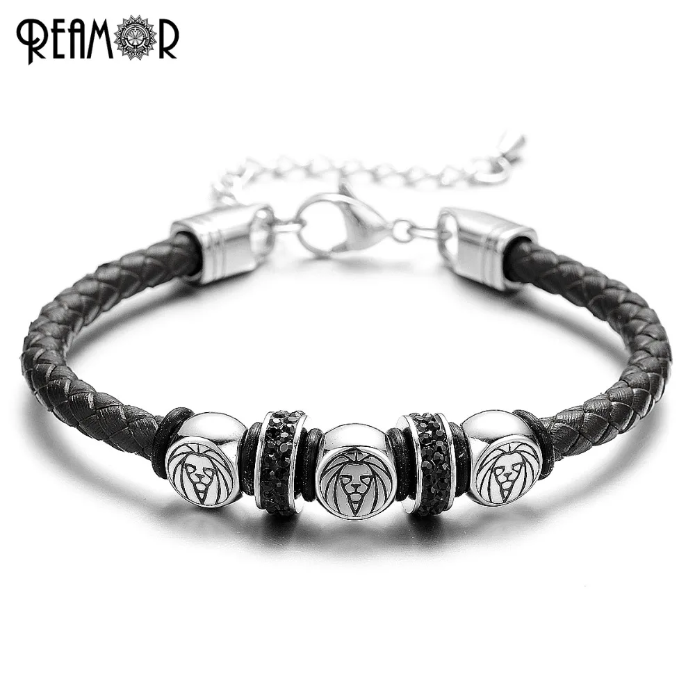 

REAMOR 316l Stainless Steel King of The Forest Lion Men Bracelets Braided Leather Rope with Adjustable Chain Bangle Male Jewelry