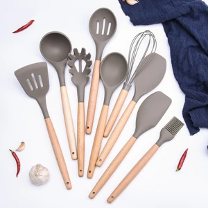 Image of China Manufacturer Supply Non-stick Heat-resistant 10 pcs Bamboo Handle Cooking Utensil Set Silicone Kitchenware