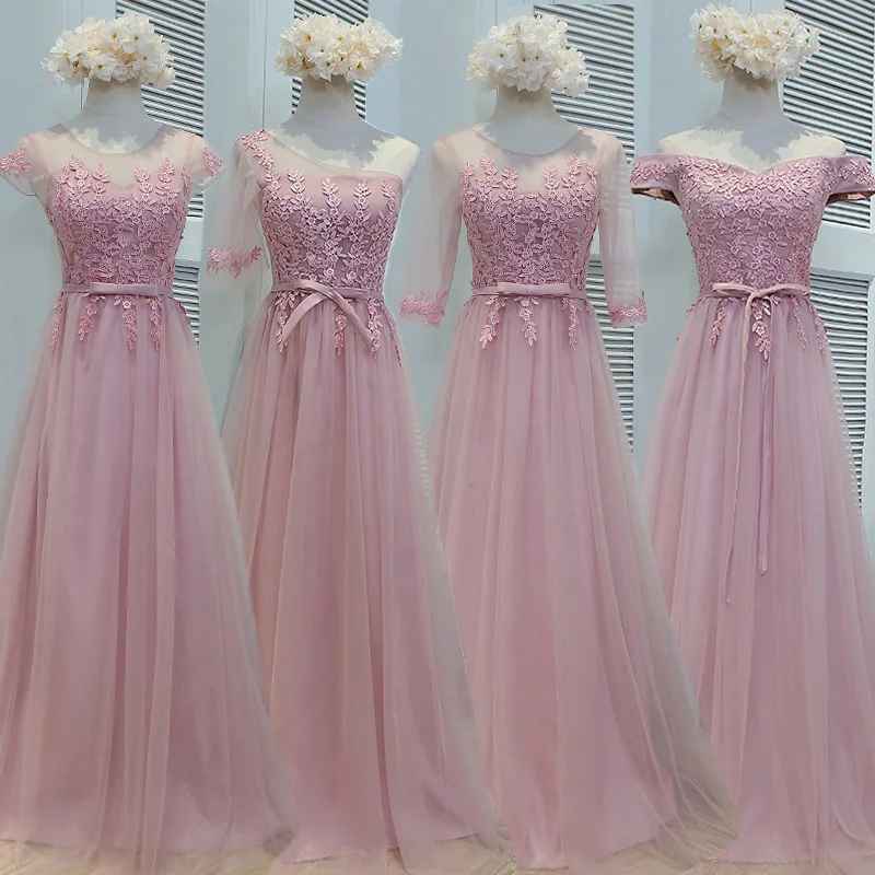 

3colors and 4 Designs to Sisters Party Prom Dress 2019 New LFloor Length A-line Lace Bridesmaid Dress, Pink, light blue,silver