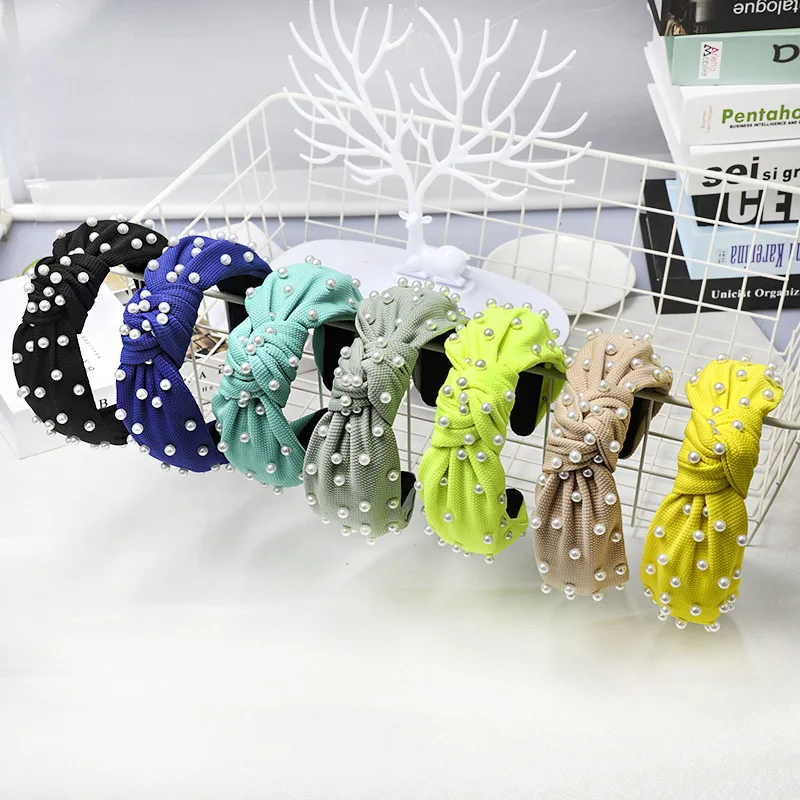 
LRTOU Wholesale Hair Accessories Girls Plain Fabric Knot Plastic Headband Custom Pearl Hair Bands For Women 