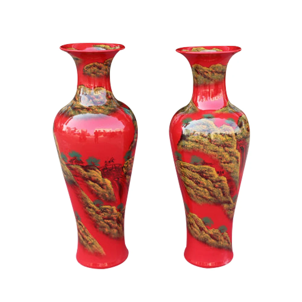 Chinese Red Landscape Painting Ceramic Large Porcelain Floor Vases