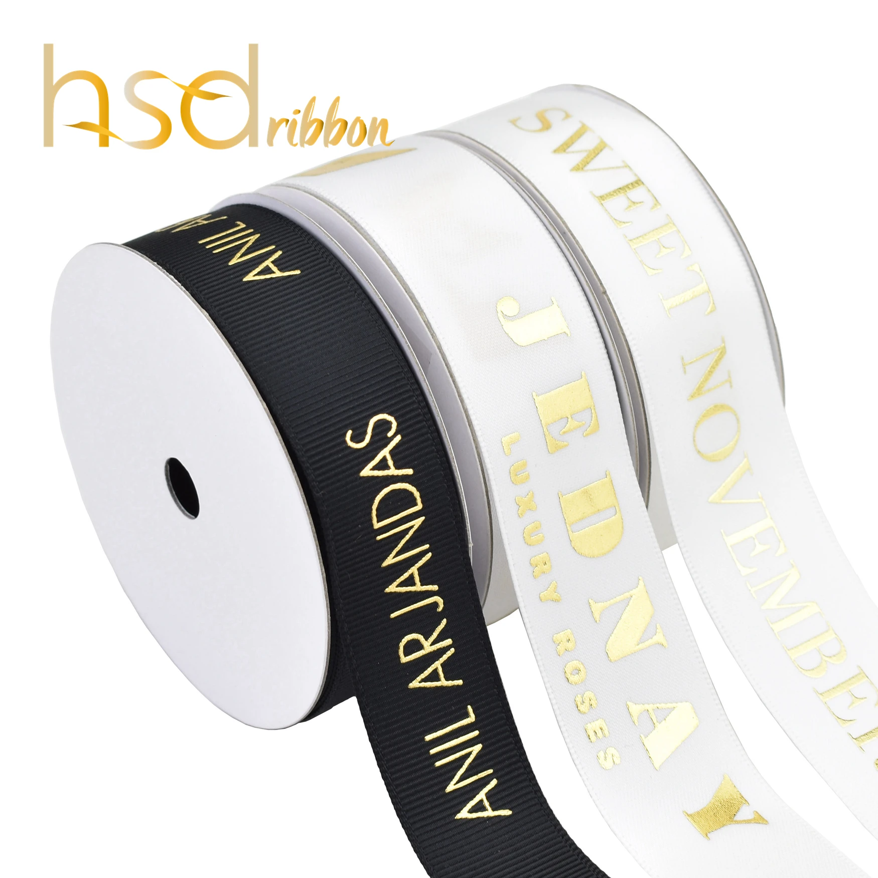 HSDRibbon Custom gold foil printed Logo into White black Satin Ribbon