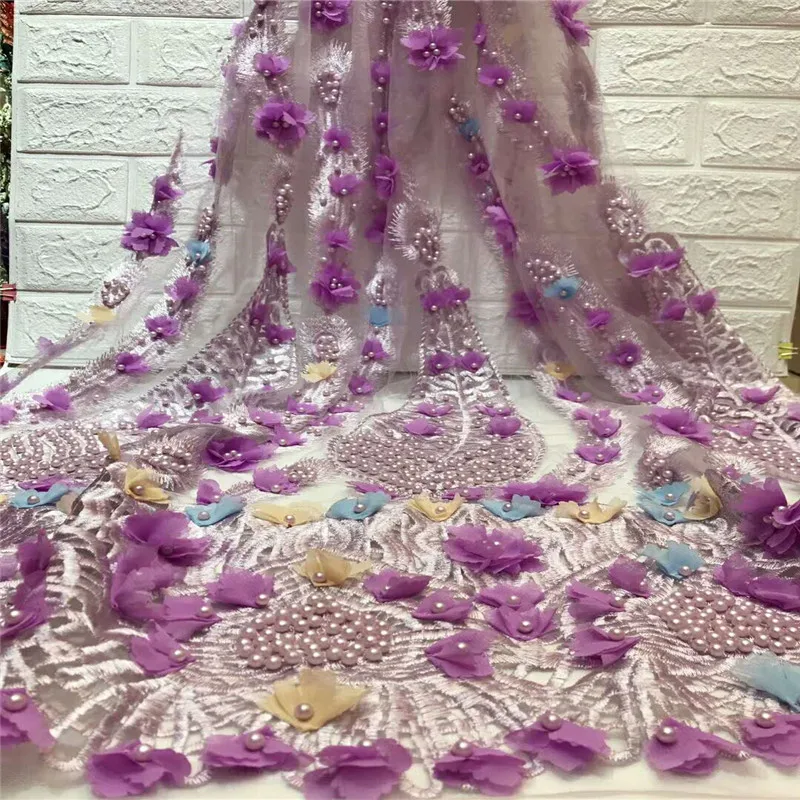 

HFX Hot Selling Purple Heavy Beaded Tulle Lace French High Quality Embroidered 3d Flower Lace Fabric For Party