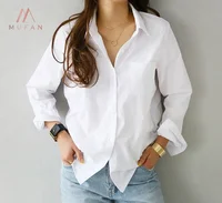 

Women Loose Long Sleeve Turn Down Collar Casual White Blouse Shirts