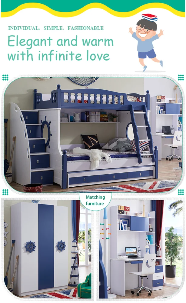 Hot Selling Children Furniture Solid Wood and MDF Bunk Bed for Kids Bed Blue for Boy