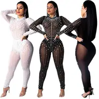 

Wholesale Ladies Clubwear Rhinestone Pearl Black and white Sexy see through Bodycon Jumpsuit