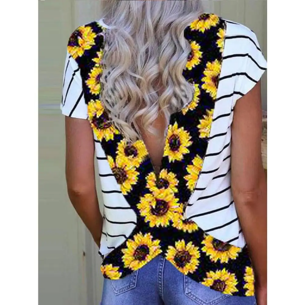 

Striped Leopard Sunflower Printed Hollow Out Blouse Short Sleeve Multicolor T-shirts