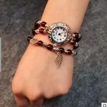 

Women Retro Pendant Quartz Watch Multi-color Agate Beads Bracelet Lady Casual Wristwatch