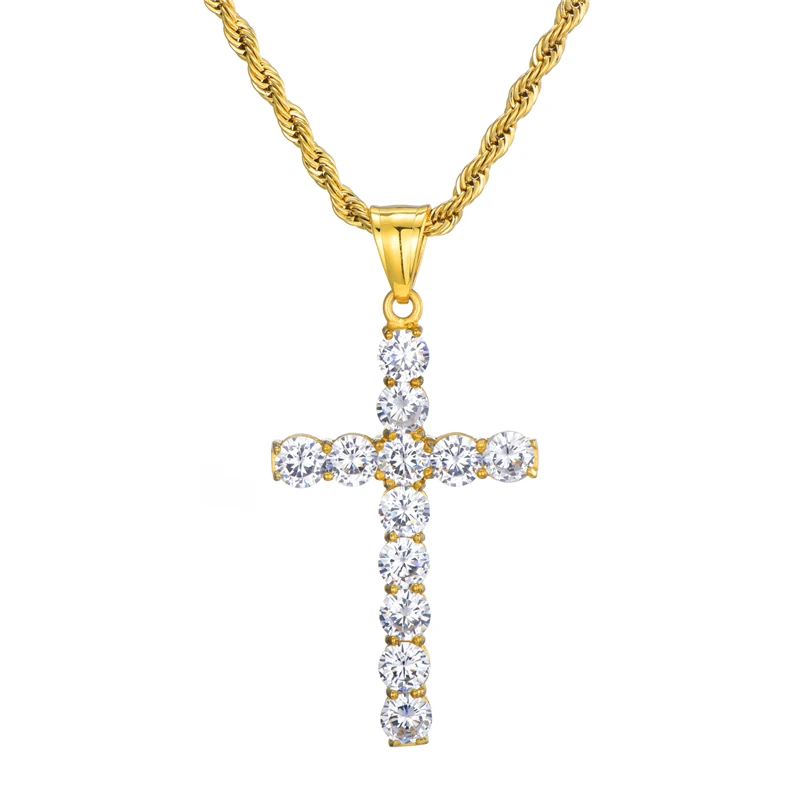 

Classic style Gold Cross Necklaces Round diamond Stainless Steel Cross Necklace Simple design UnisexJewelry