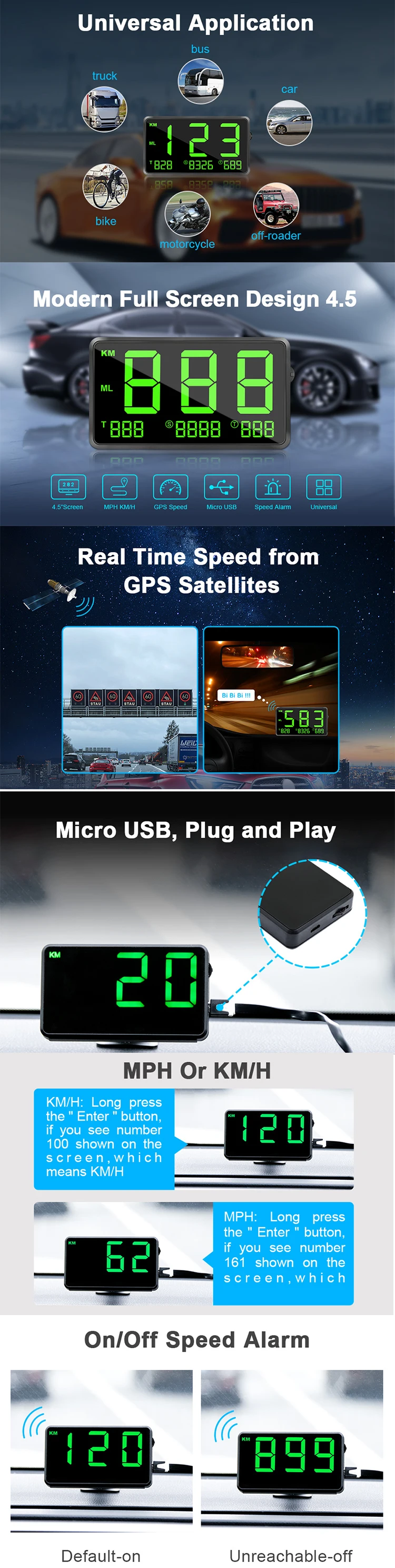 VJOY Hud C80 2.6inch Speedometer Digital Universal Headup Display Gear for Overspeed Alarm System Car Speedometer Projector c80