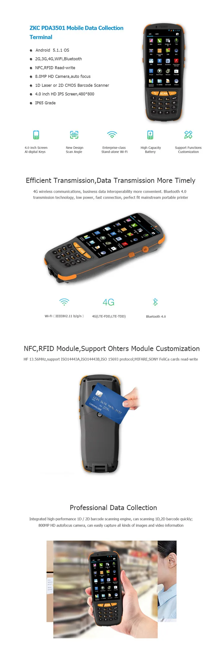 Zkc Pda3503 4g Wifi Android Mobile Handheld Barcode Scanner Pda