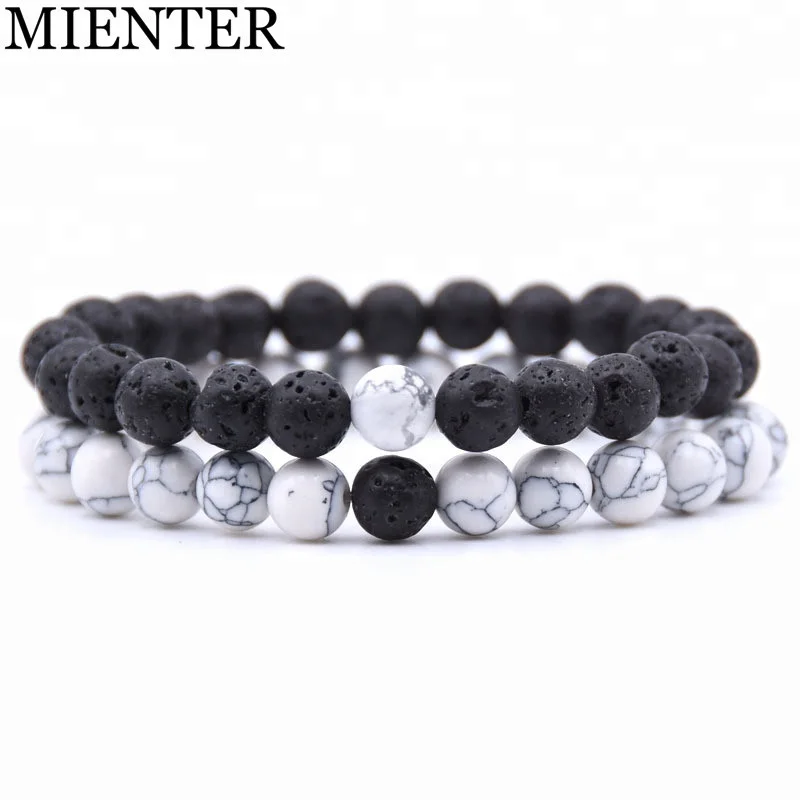 Selling men 8mm 2pcs/set women Aromatherapy Natural lava stone Beaded couple charm bracelet for women
