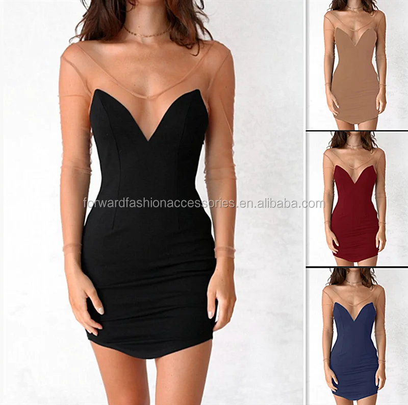 

v neck black tight sheer mesh mini transparent sexy party dress, Multi-color