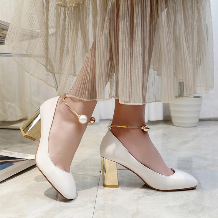 

Ladies White Square Toe Pearls Bridal Shoes Mid Heel Block OL Shoes