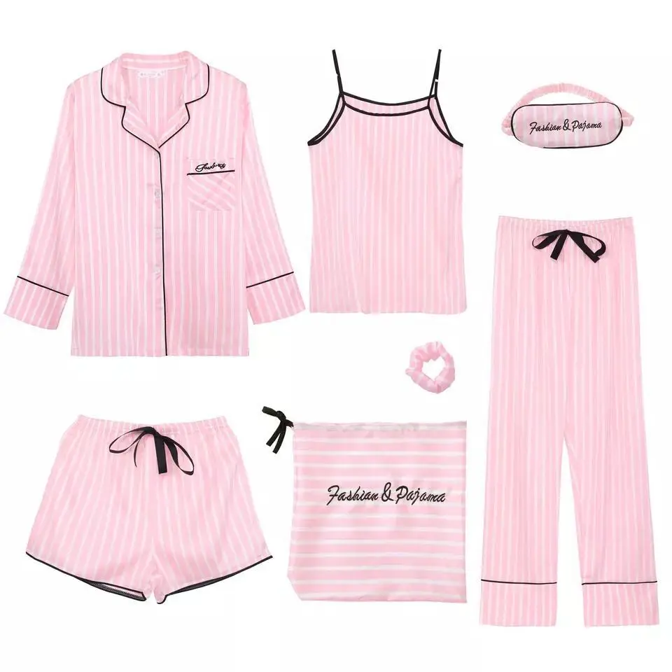 

High quality silk women sleepwear 7 pcs set satin night dress nightgown sexy pyjamas