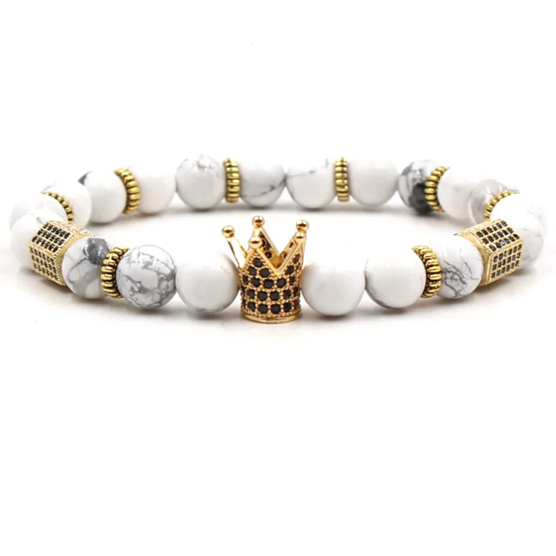 

Multiple Designs Available 8mm Men's Natural Stone Elastic Crown Bead Bracelet Micro Pave Black CZ King Crown Bracelet, Pink;black;white;blue;gray