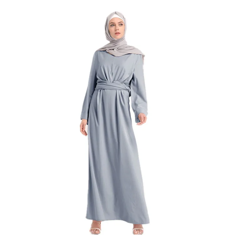 

2019 Fashion Tie Belt Plain Islamic Long Dress Muslim Women Clothing Abaya, Black;gray;light purple;beige;pink