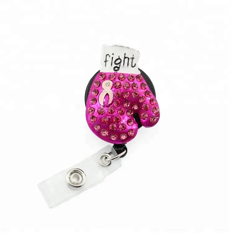 

Promotional Breast Cancer Awareness Pink Ribbon Boxing Glove Badge Reel Holder Custom Medical Retractable Badge Reel For ID Card