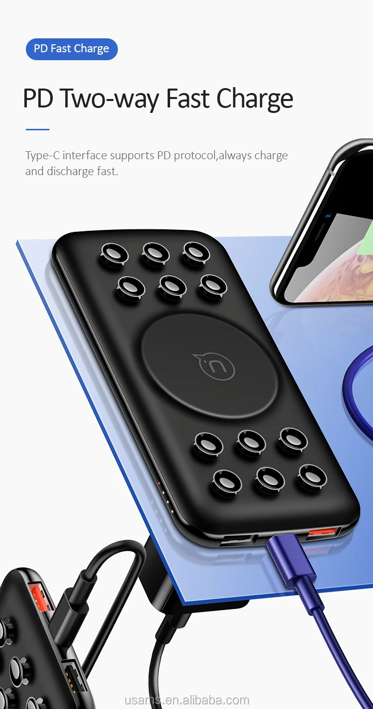 USAMS 2020 Portable External Battery Bank Built-in Qi Wireless Charger Power bank With Suction Cup 10000mAh - ANKUX.COM