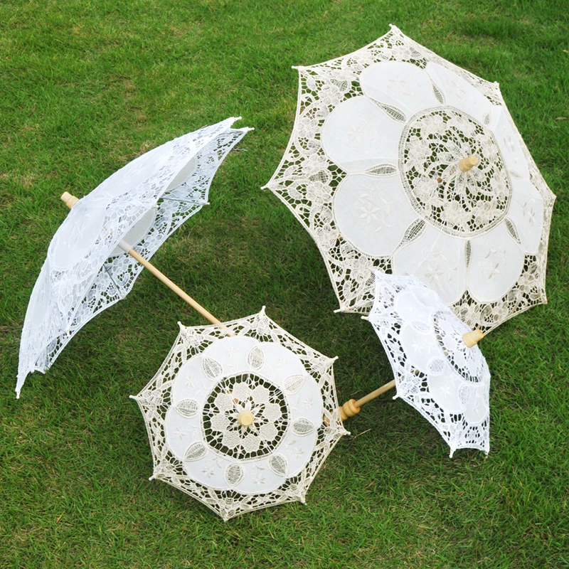 

Mini Vintage Wood Embroidery Pure Cotton Lace Umbrella White lace wedding parasol decorative, White, milky white