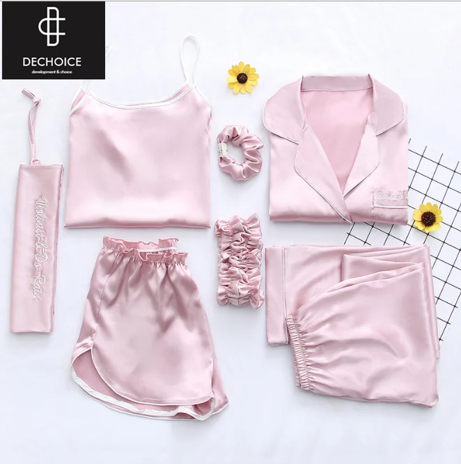 

Retail Wholesale Spring Autumn Long sleeve satin casual 7pcs one set home wear lounge wear pajamas women suit