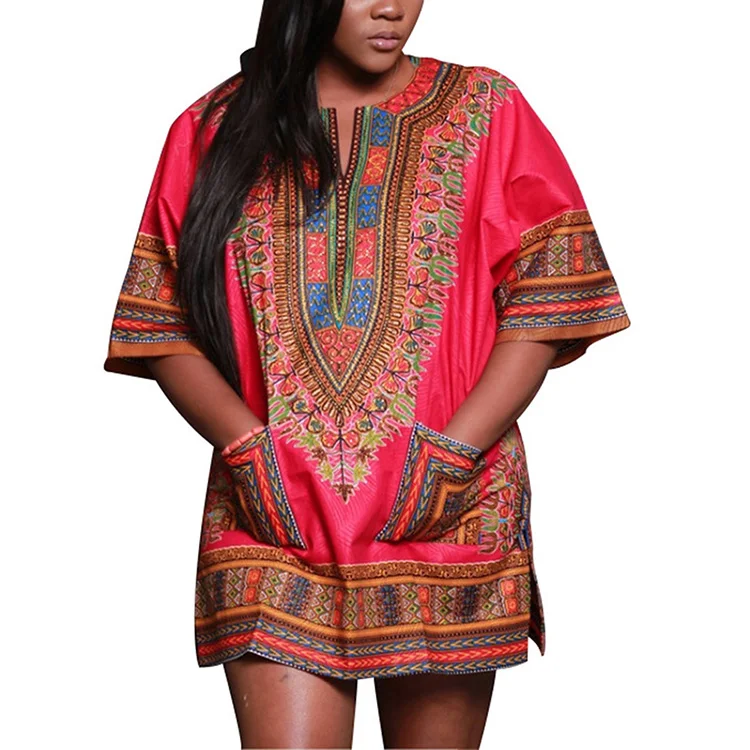 Wholesale Plus Size  Floral Loose Casual Tops African Dashiki Clothing T-Shirt Dress