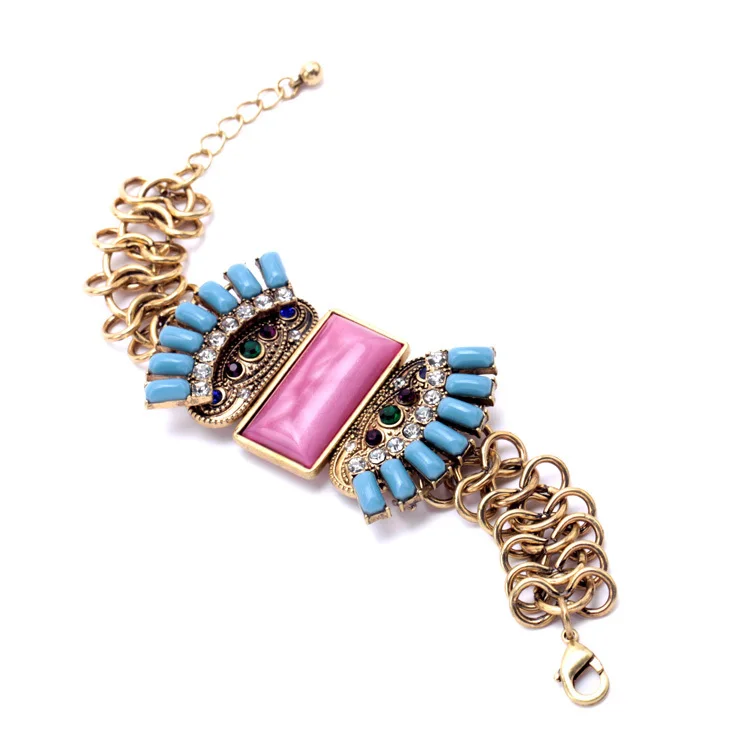 

sl00339 Vintage Baroque Colorful Gem Stone Geometric Statement Bracelets For Women