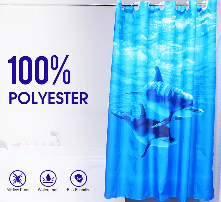 Panel Printed Ocean Style Fish Dolphin Printed Hookless Shower Curtain