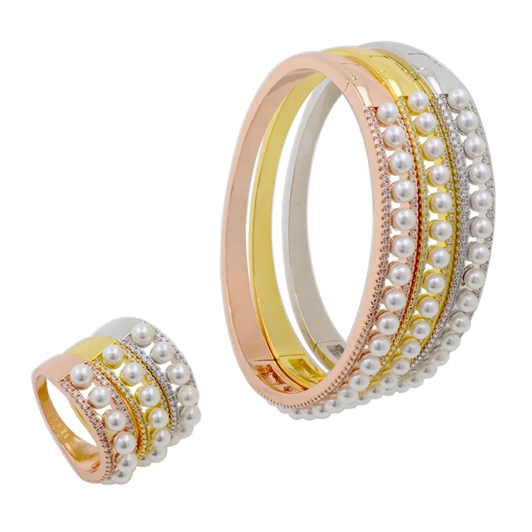 

BG0670 Pearl And Cubic Zircon Stone Three Color Micro Inlay Open Bangle And Ring Set Pearl, Picture