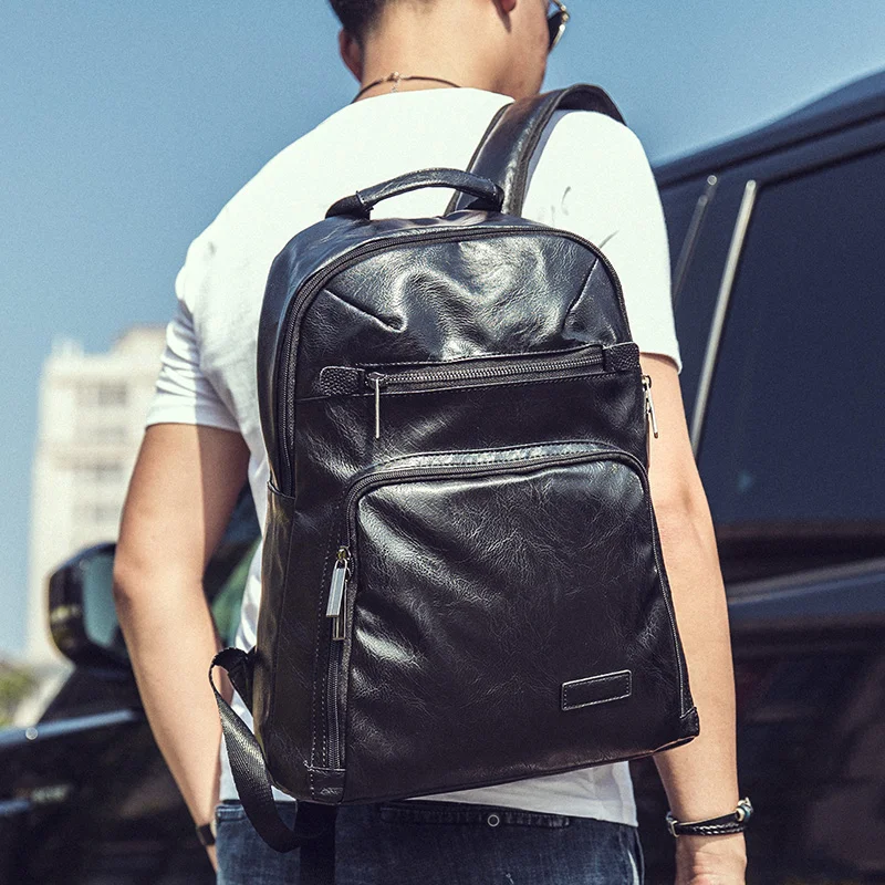 2017 Pu Leather Backpack Man Black Fashion Leisure Backpack Waterproof ...