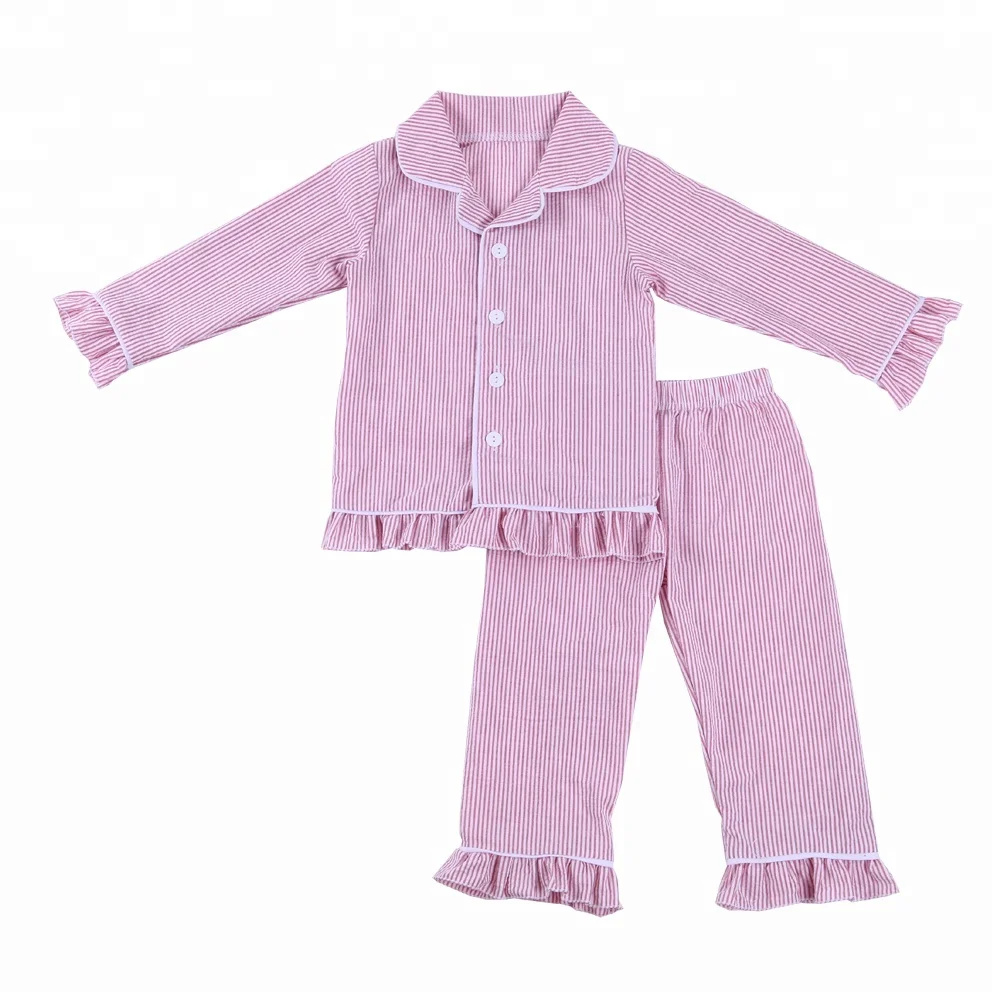 

100% cotton Boutique kids seersucker pajamas girls ruffle sleepwear clothing sets long sleeve fall and winter pajamas, All colors on color chart are available