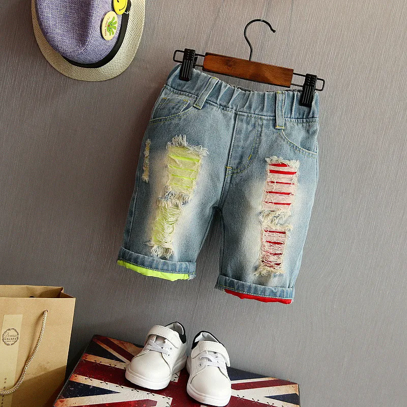 

Ablibaba Wholesale Boy's Red And Green Color Hole Type Denim Shorts, As pictures or as your needs