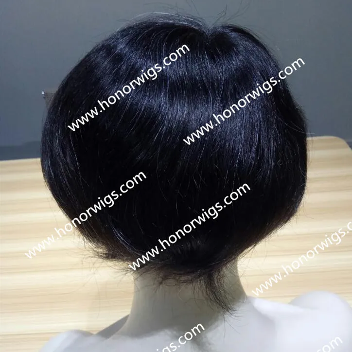 
HT427 human hair 6x8 inch Toupee #1B+5% offwhite color synthetic hair 6inches length 120% density natural wave right part wig 