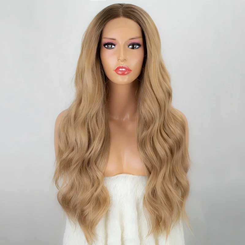 

Aliblisswig 24 Inch Natural Long Wavy Lace Wig Heat Friendly Fiber Hair Dark Roots Ombre Blonde Synthetic Lace Front Wig