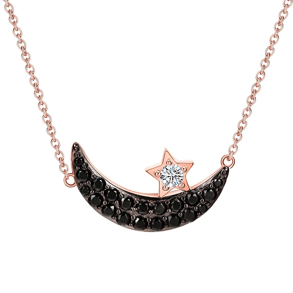 

925 Sterling Silver Jewellery Fashion Black Zirconia Star And Moon Necklace, Silver;gold;rose gold or custom.