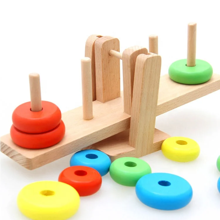 Children Wooden Clown Rainbow Stacker Toy Seesaw Balance Scale Board ...