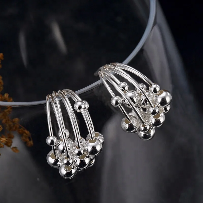 

2018 Multi Layer Hoop Earrings for Women 925 Sterling Silver Beads Big Circle Round Hoop Earrings Party Jewelry Earings