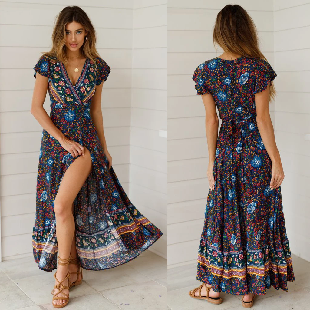 
2019 Newest Style Bohemian Short Sleeve Printed High Split Beach Dress For Ladies 