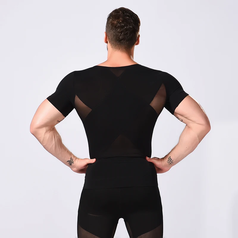 
men zipper stretch mesh body shaping short sleeve shirt man shapewear body slimming man shapers 