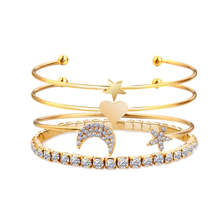 

Fashion Charm Cuff Bracelet Bangle Set for Women Gold Star Moon Heart Micro Paved Crystal Rhinestone Jewelry (KB8013, As picture