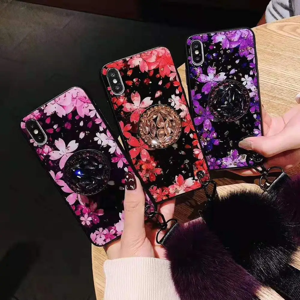 

Fur Ball Soft Rubber Bumper Bling Diamond Glitter Case with Stand Holder/Wrist Strap(Cherry blossoms) For Iphone XS MAX Case