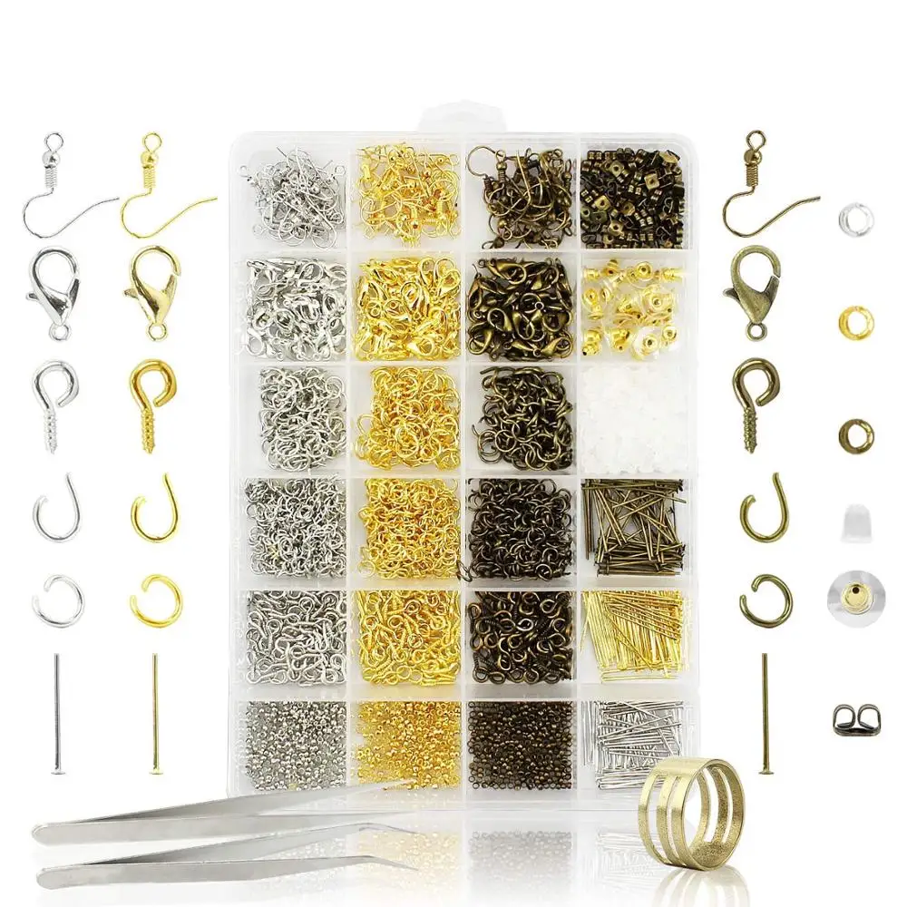 

Jewelry Making Accessories Kits Open Jump Rings, Lobster Clasps,Crimp Beads, Screw Eye Pins, White k, gold plated, ancient bronze, rose gold, gun black, silver