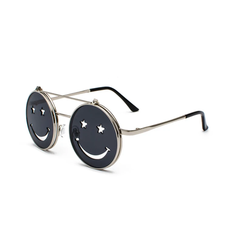 

2018 New style small round steampunk flip up sunglasses clip lunette de soleil rose smile face front glasses