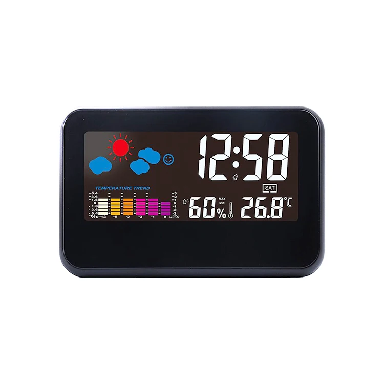 

EMAF Indoor weather station calendar desk alarm clock LCD display color weather station clock with alarm snooze, Black/white